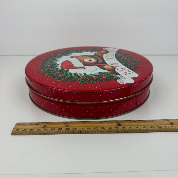 Vtg Round Metal Tin Teddy Bear Happy Holidays Red w Polka Dots 10in Diameter - Picture 11 of 13